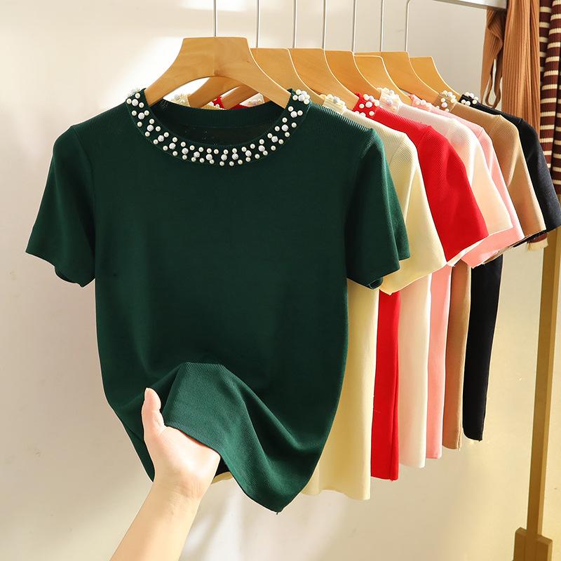 Women's Summer Design Knit T-Shirt Solid Color Short Sleeve Simple Top