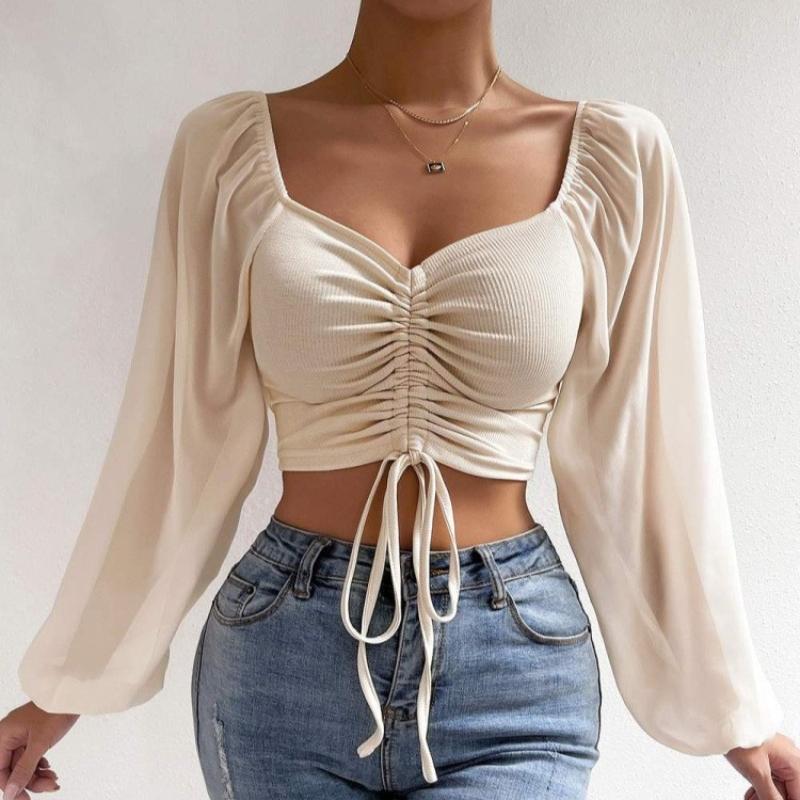 Летняя новая шифоновая блузка с V-образным вырезом и завязками, женская винтажная узкая модная сексуальная женская рубашка, топы, элегантная однотонная женская укороченная блузка 25156