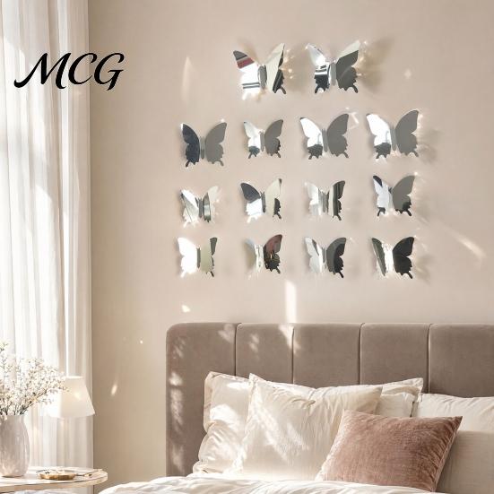 12 Piece Butterfly Wall Set 12Pcs Decals, DIY 3D Mirror Stickers, Removable Reflective Decoration Decals for Birthday Party Bedroom School Bathroom