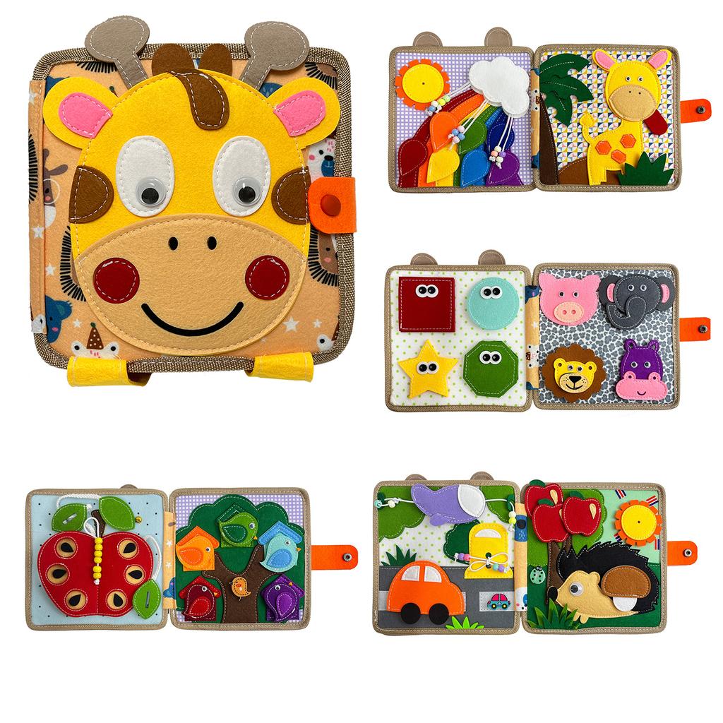 Игрушка Монтессори Жираф Бизиборд 3D книга из фетра для мелкой моторики, навыков раннего образования, развития знаний