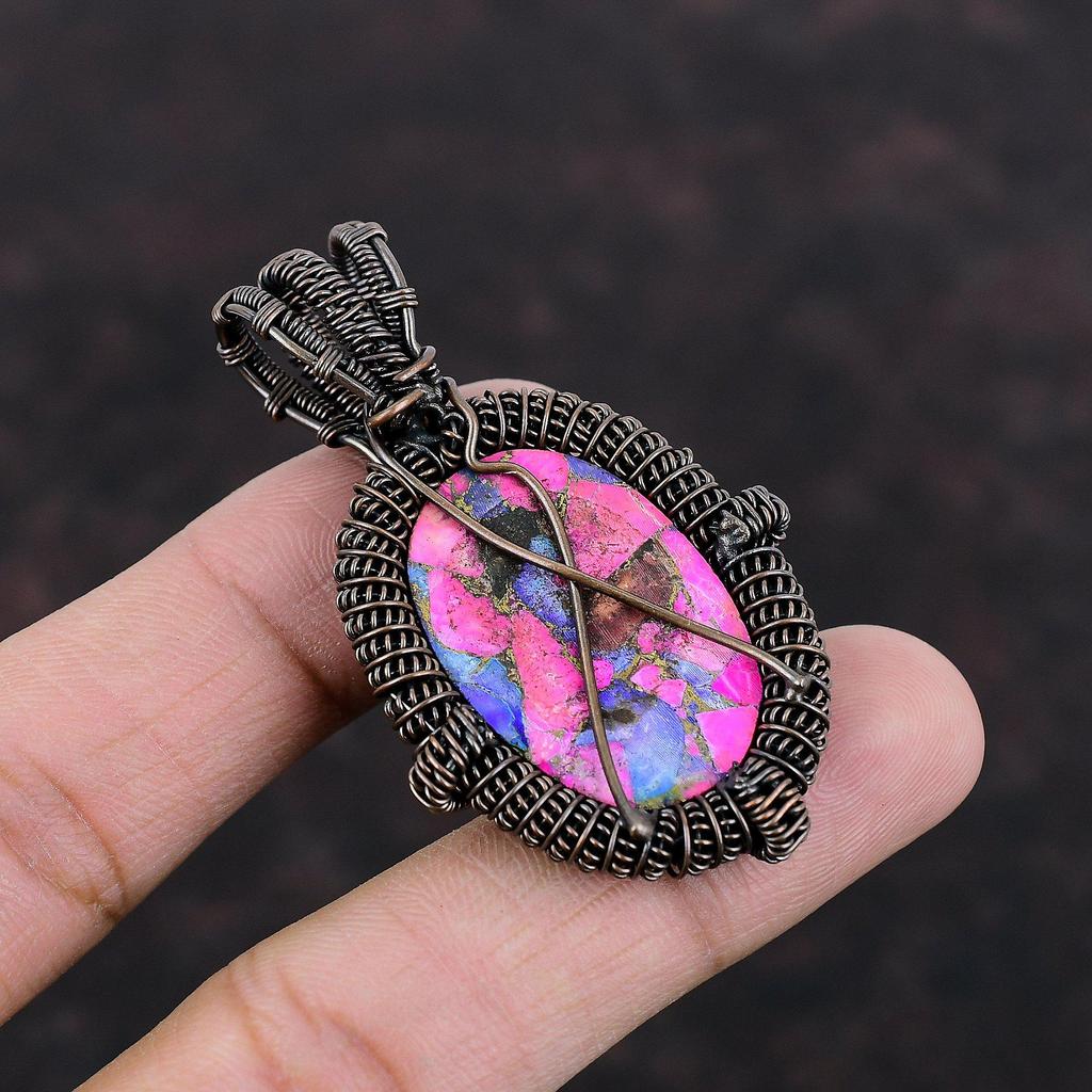 Натуральный Кингман Розовый Георгин Бирюзовый Кулон Кулон, обернутый медной проволокой Ручные медные украшения Бохо кулон Подарок для мамы Украшения из драгоценных камней