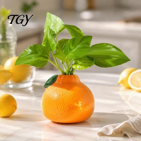 Bright Colored Decorative Vessel Orange Shaped Vase, Hydroponics Creative Flower Container, Small Sustainable Plastic Vase Pot for Living Room