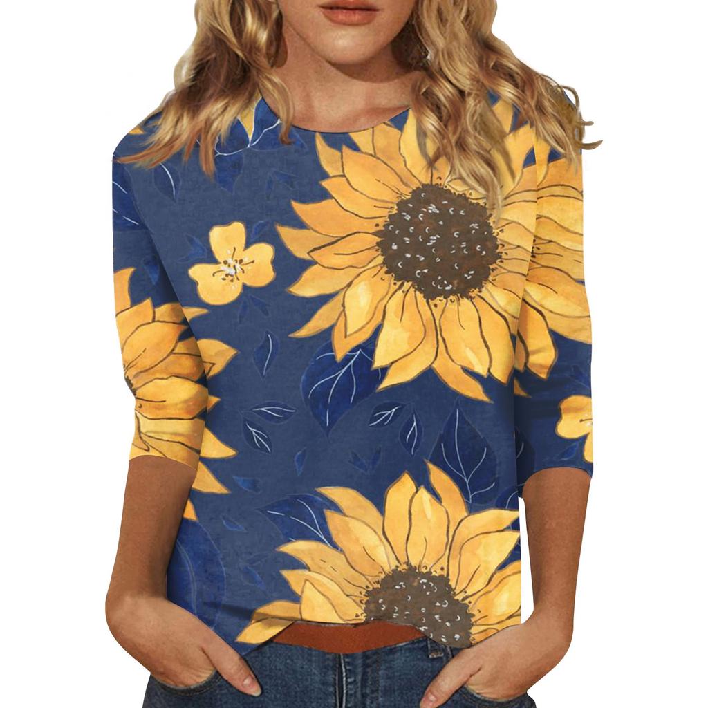 Round Neck 3D Printed Sunflower Pattern Top Fashionable Casual Long Sleeved Women's T-shirts
