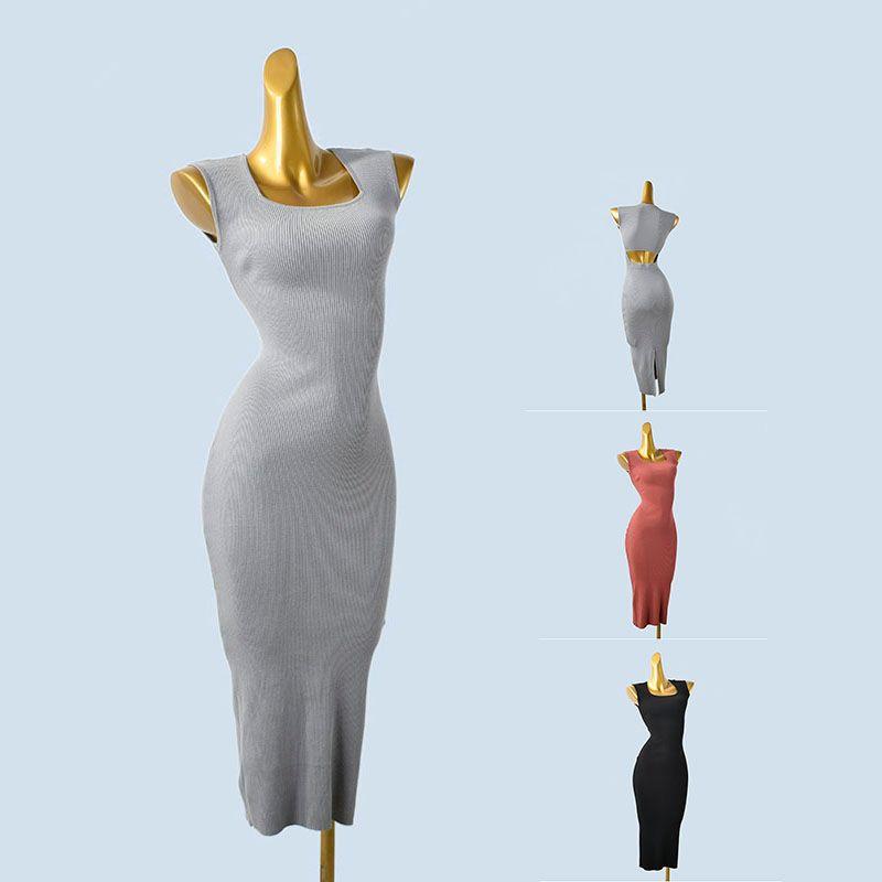 Trade Order U Collar European and American Sleeveless Open Waist Slim Fit Split Knitted Sheath Mid-Length Women Slimming Dress Spring and Autumn