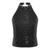 Girls Shiny Sequin Halter Crop Top Sleeveless Backless Design Cheerleading Jazz Dance Performance Top