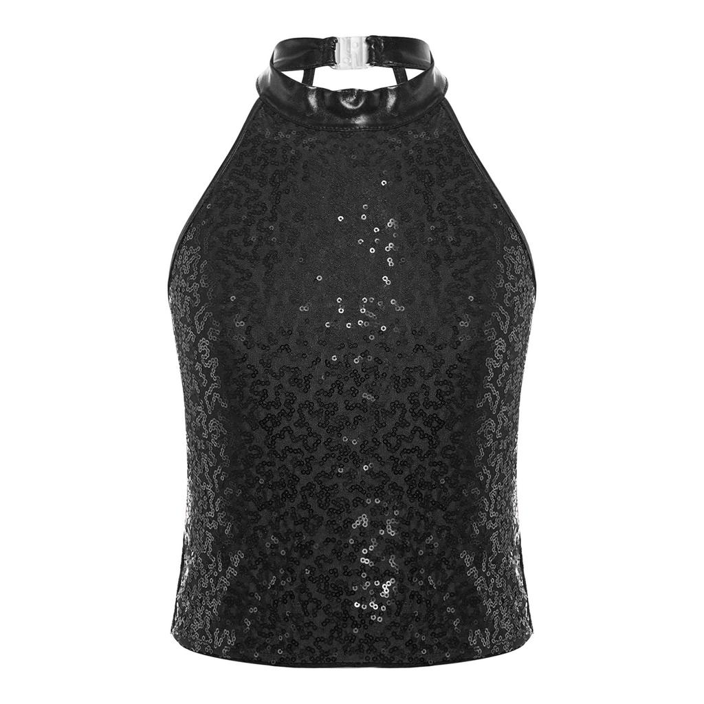 Girls Shiny Sequin Halter Crop Top Sleeveless Backless Design Cheerleading Jazz Dance Performance Top