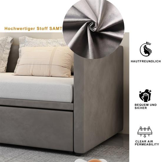 Upholstered Bed Extendable Sofa Bed 90/180x200cm with Slatted Frame, Multifunctional Bed Made of Skin-Friendly Velvet Fabric
