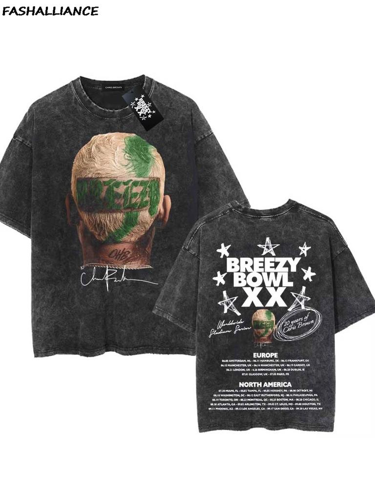 Chris Brown Tag Tshirt Breezy Bowl XX Tour Oversized T shirt Washed Vintage Cotton Hiphop Streetwear CB