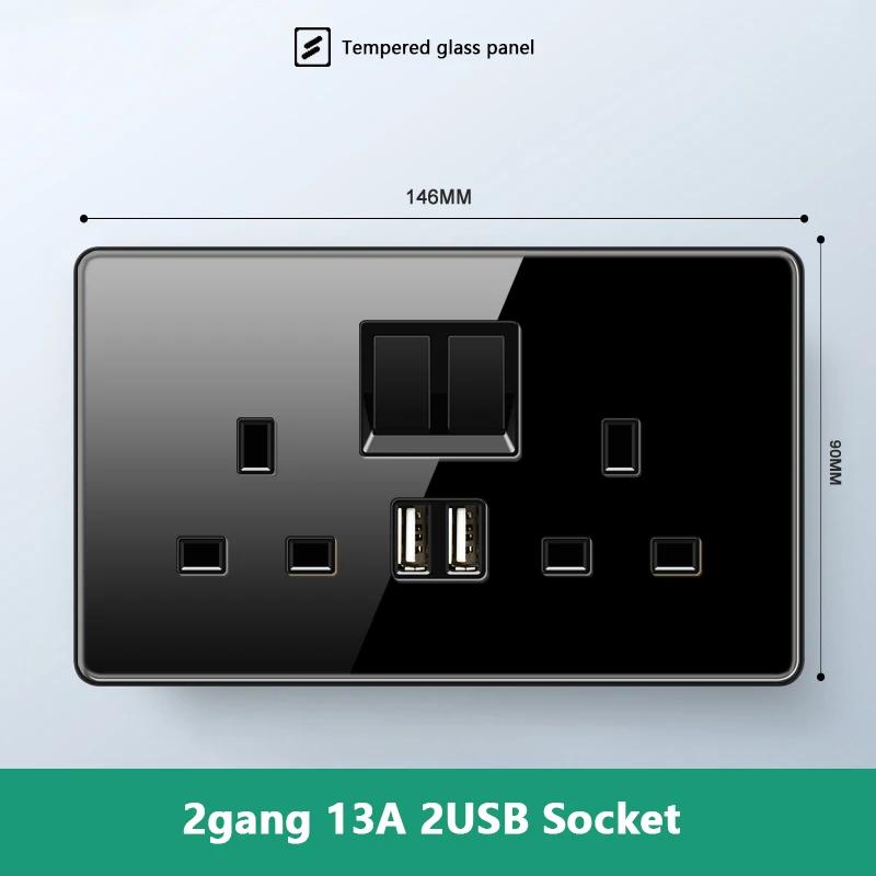 Роскошный настенный выключатель света из закаленного стекла, черная вилка UK 13A, универсальная настенная розетка с USB, 220 В, 1-канальный двухпозиционный переключатель скорости
