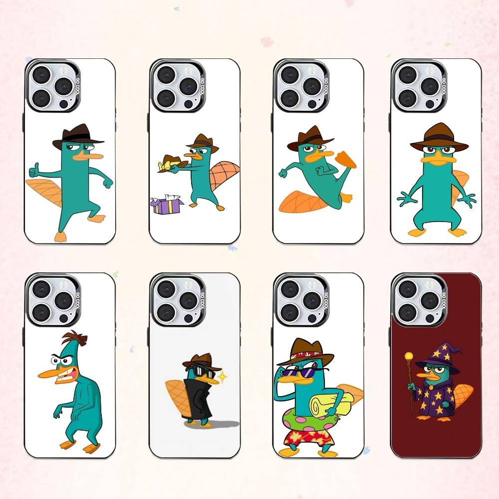 cute Cartoon P-Perry The P-Platypus Phone Case For iPhone17,16,15,14,13,12,11 Plus,Pro Max Colored Silver Plated Inside Cover