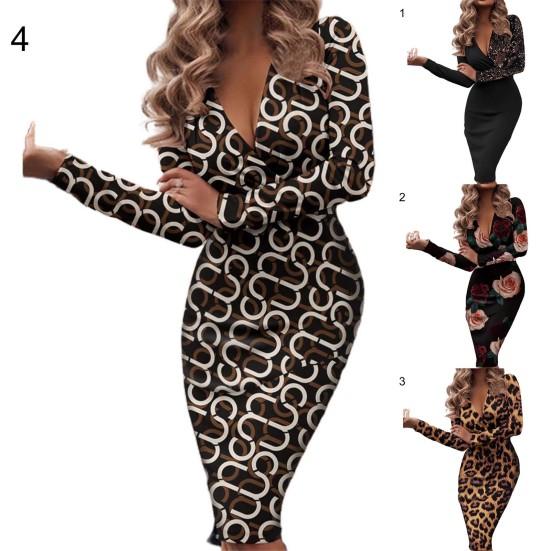 Платье женское с глубоким V-образным вырезом, длинным рукавом, плиссировкой, пайетками, облегающее офисное миди-платье для повседневной носки