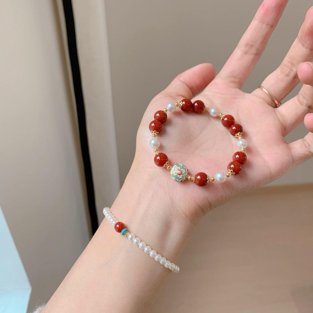 Handmade Red Crisp & Moon Amber Bracelet, New Chinese National Style Women Jewelry, Travel Souvenir