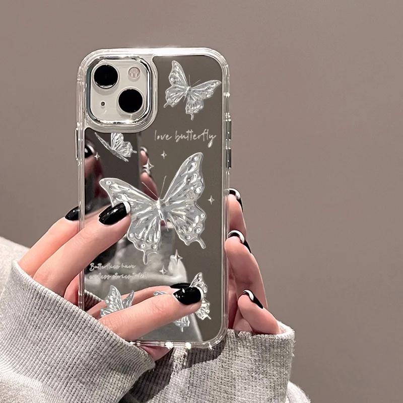 Для iPhone 16 Pro 13 Чехол Роскошный Зеркальный Серебристый Чехол для Телефона с Бабочками iPhone 15 14 11 12 Pro Max 16 Plus XR X XS Ударопрочный Чехол