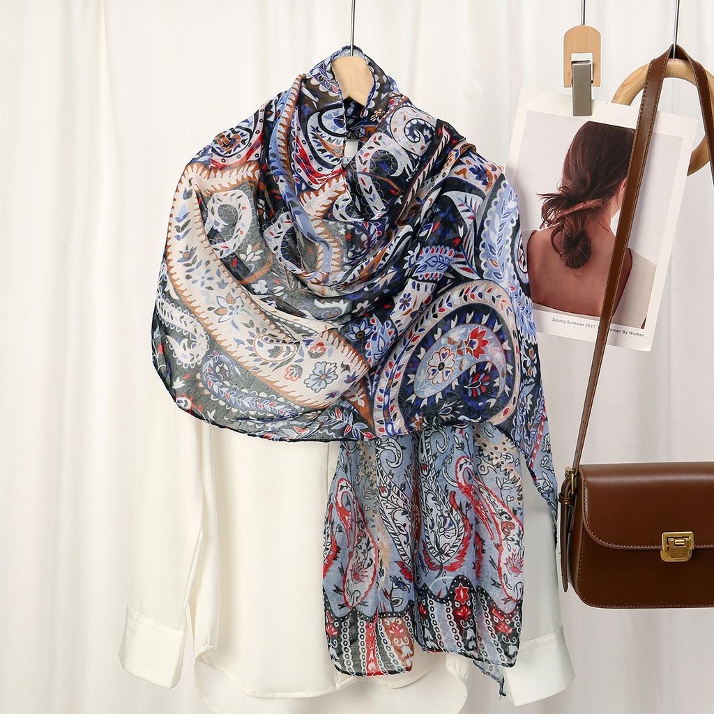 Printed Viscose Cotton Foulard Femme Scarf Floral Muslim Hijabs for Woman Long Thin Shawls and Wraps Travel Sunscreen Stoles