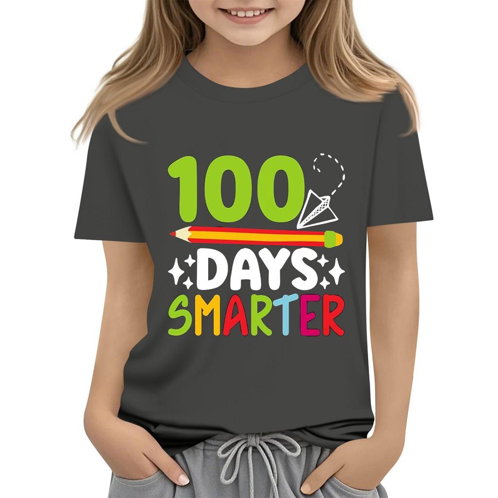 Happy 100th Day Of School Girls Boys Short Sleeve T Shirts Kids Tops Crewneck Tees