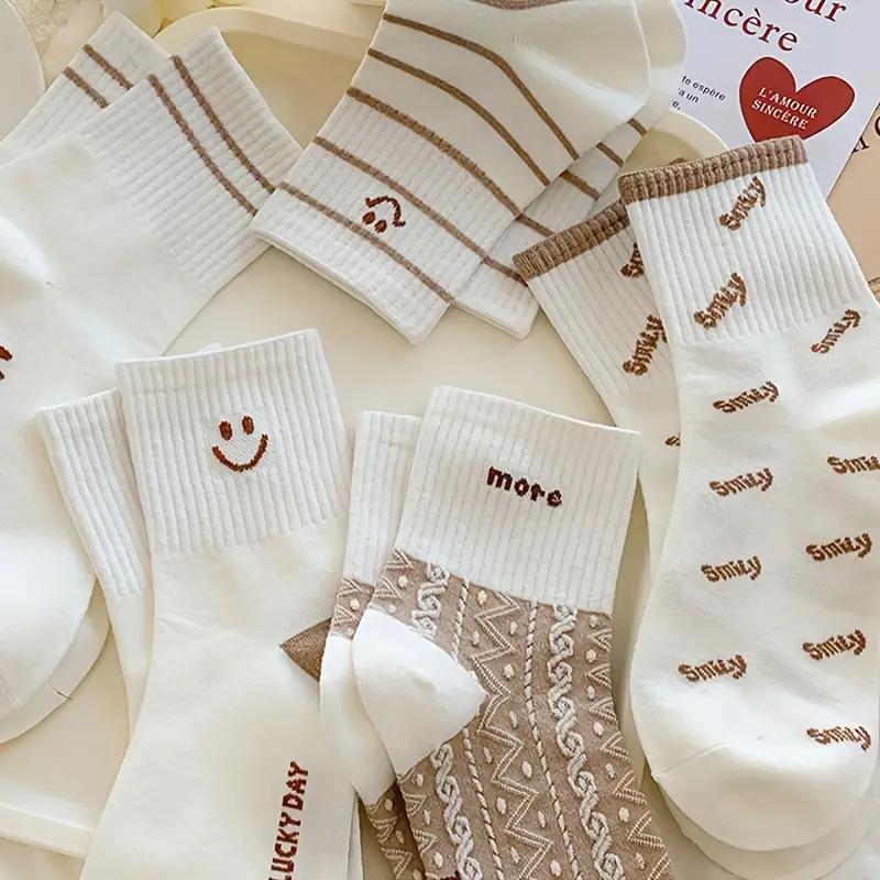 5 Pairs Cute Smiling Print Socks, Comfy & Soft Crew Sports Socks, Women's Stockings & Hosiery