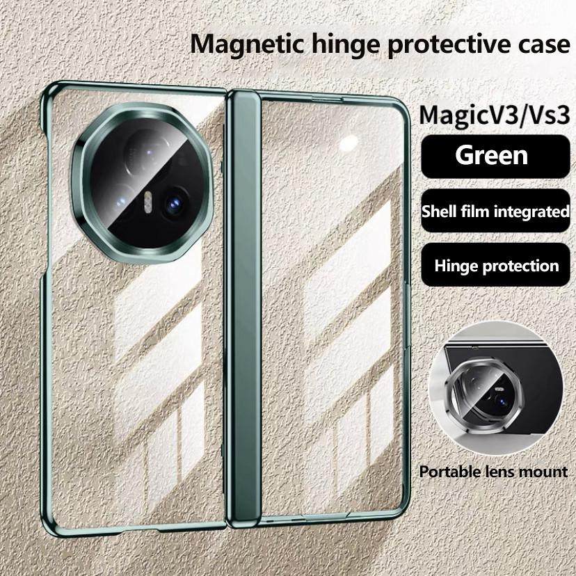 Electroplated Hinge Transparent Phone Case for Honor Magic V3 Metal Lens Holder with Tempered Film Shockproof Holder Business Cover