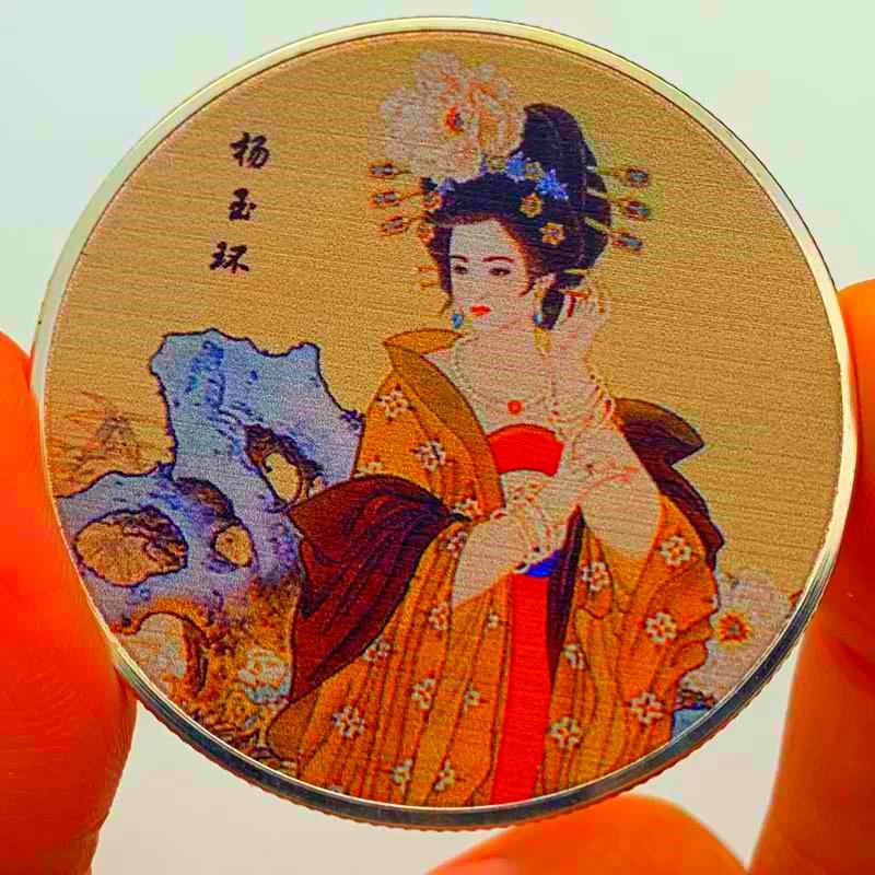 Chinese ancient beauty Diao Chan silver plated painted commemorative medal, Princess Yang Yuhuan coin, 45mm commemorative coin