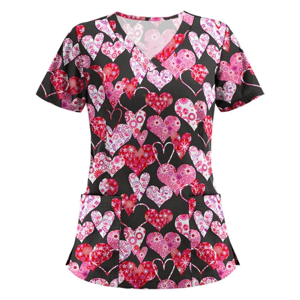 Clinical Uniform Woman Elegant Heart Print Health Care Scrub Uniform Trends V-Neck Short Sleeve Dental Nursing Uniform for Women