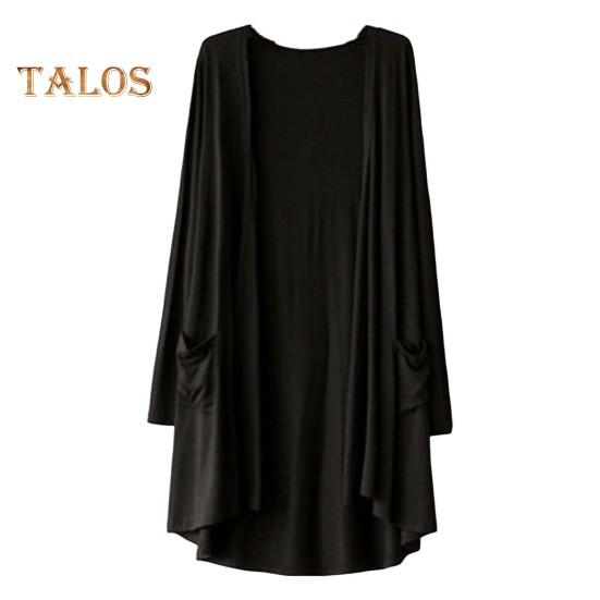 Весенне-осеннее женское пальто свободного кроя средней длины однотонного цвета с длинными рукавами, тонкое с карманами и открытой строчкой, повседневная одежда, кардиган для поездок на работу