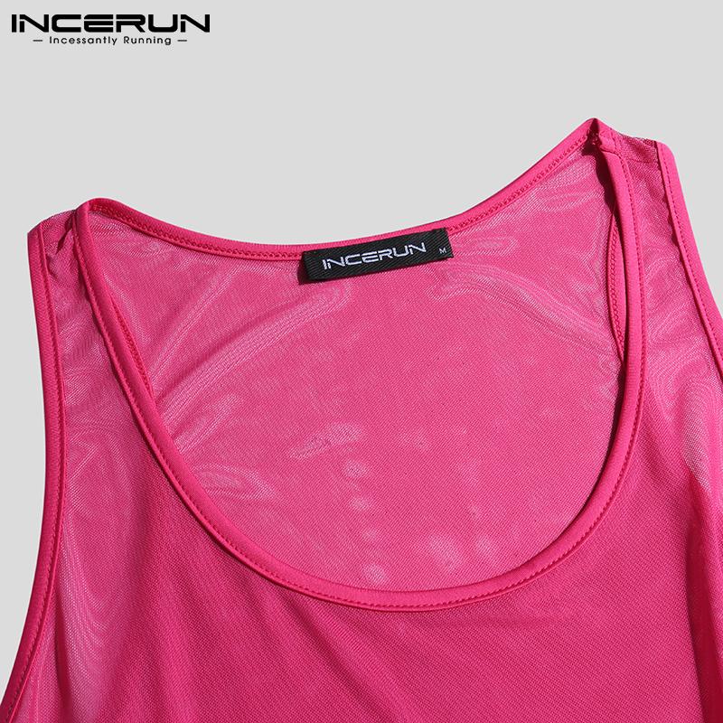 INCERUN Летний модный мужской прозрачный сетчатый сексуальный комбинезон без рукавов, однотонный тонкий домашний комбинезон, нижнее белье, комбинезон