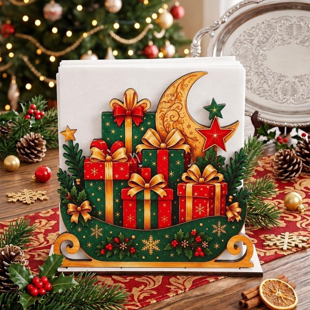 Wooden Santa Tissue Box Gift Pattern Santa Sleigh Napkin Stand Table Decor