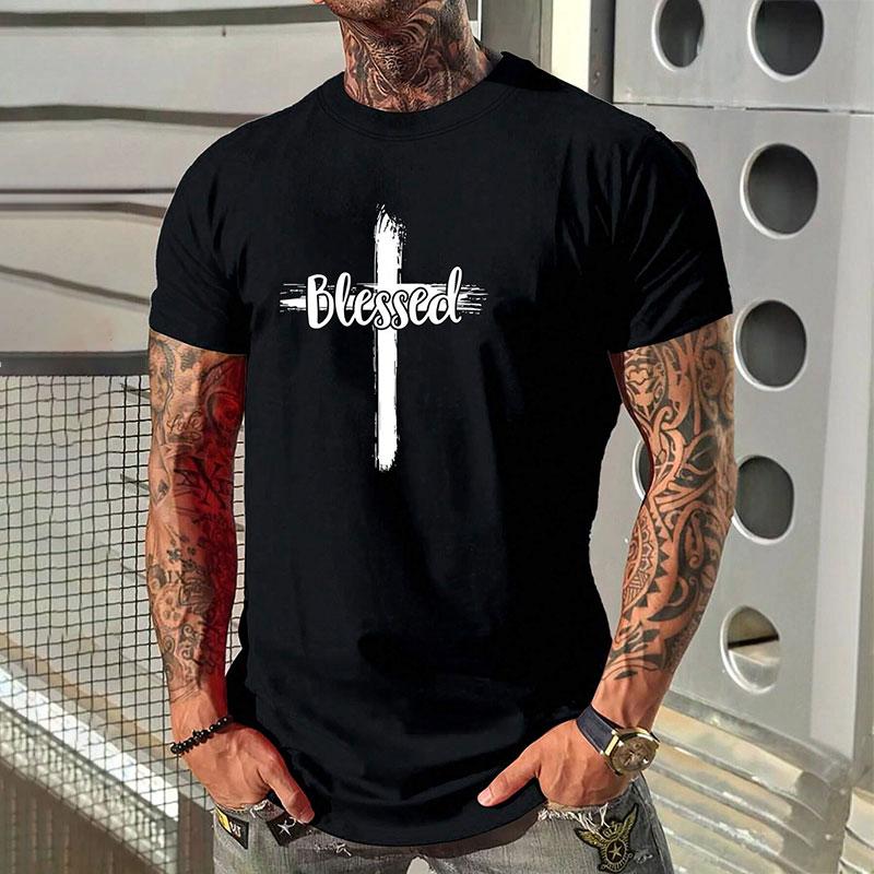 New Men's Fashion Short-sleeved Shirt Summer Comfortable Breathable Cross Print Round Neck T-shirt Sports Fitness Short-sleeved