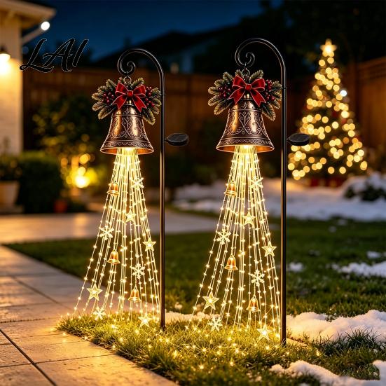 Metal Iron Garden Art Ornaments Solar Powered Christmas Light Outdoor Stake Festive Scene Decor Star Snowflake Waterfall String Lamp Holiday