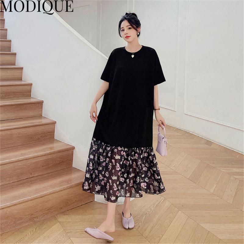 MODIQUE Summer Plus Size New Dress Shirt Women Loose Patchwork Solid Cotton Linen A-Line Dress Casual Female Dresses O-Neck Short Sleeve