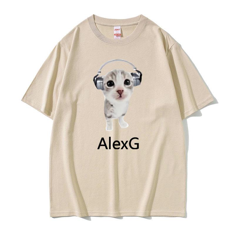 Лето 2025 Певец Alex G Футболка Милый Забавный Кот в Наушниках Мем Графический Принт Мужская Женская 100% Чистый Хлопок Печатная Футболка