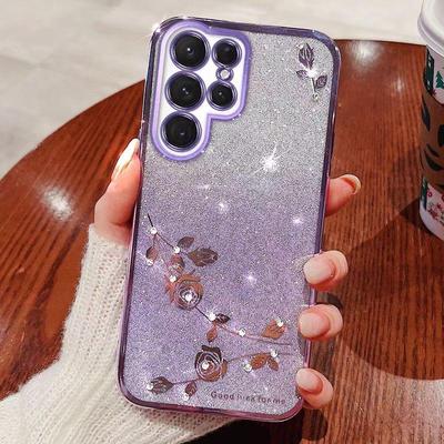 Чехол для телефона Samsung Galaxy S25 Ultra, S24U, S23U, S22U, Flash Pink Flower, прозрачный противоударный чехол с роскошным бриллиантовым сиянием