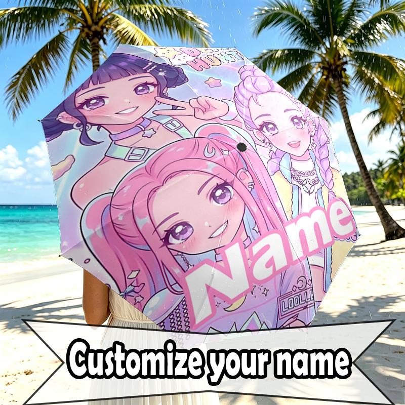 Custom Name Personalized KPop Demon Hunters Print Umbrella, Auto Open Close, 8‑Rib Sturdy Frame, Commute Camping Hiking Use, Birthday Gift