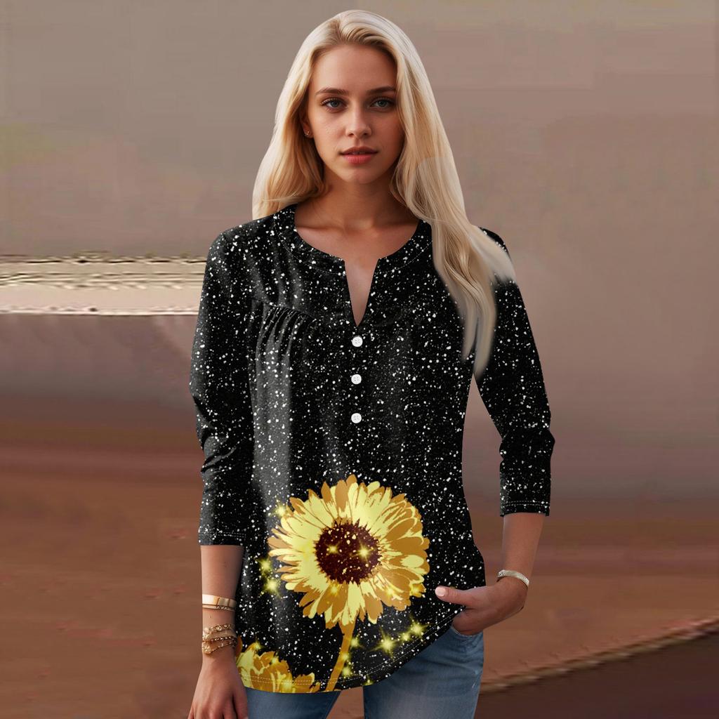 Женская мода повседневный топ с длинным рукавом и круглым вырезом с цветочным принтом