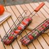Stainless Steel BBQ Grill Basket with Wooden Handle Non-Stick Sausage Roasting Cage Multi-functional Grill Utensil for Outdoor Camping