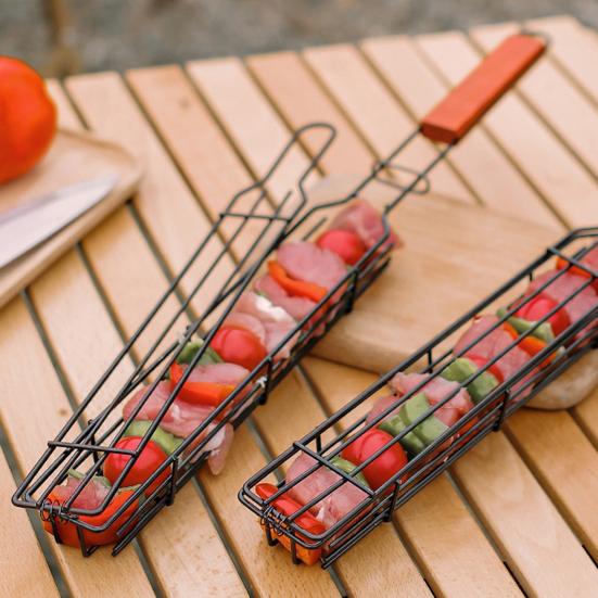 Stainless Steel BBQ Grill Basket with Wooden Handle Non-Stick Sausage Roasting Cage Multi-functional Grill Utensil for Outdoor Camping