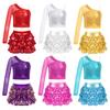 Girls Dance Stage Performance Costume Shiny Sequin Mesh Long Sleeve One Shoulder Crop Top Tiered Ruffle Skirted Shorts