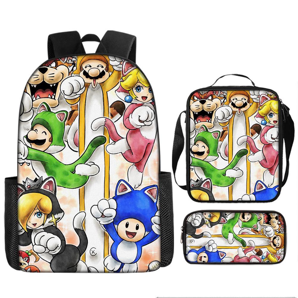 Large Capacity Backpack Set Super Mario Graphic Kids Backpack School Bag 3-Piece Set for Children