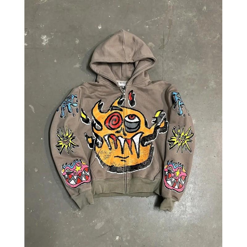 Vintage Y2K Gothic Zip-Up Hoodie Streetwear Graphic Print Loose Fit Sweatshirt