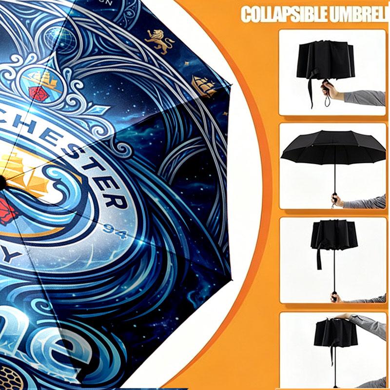 Custom Name Personalized Manchester City Print Umbrella, Auto Open Close, 8‑Rib Sturdy Frame, Commute Camping Hiking Use, Birthday Gift