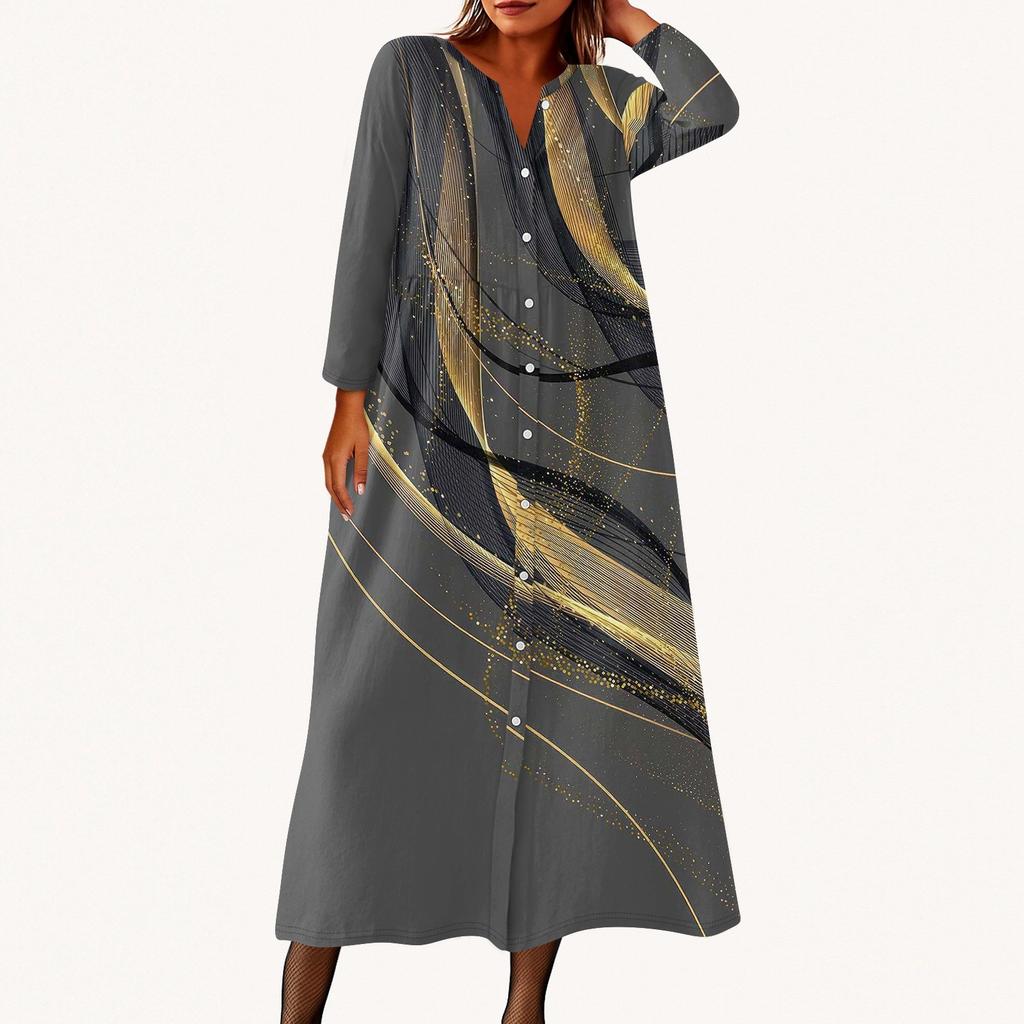 Женское модное платье-рубашка свободного кроя с принтом, круглым вырезом и рукавами семь четвертей на пуговицах
