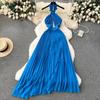 Summer Sexy Halter Backless Beach Blue Chiffon Dresses Women's Cross Seaside Pleated Sundress Long Maxi Boho Robe