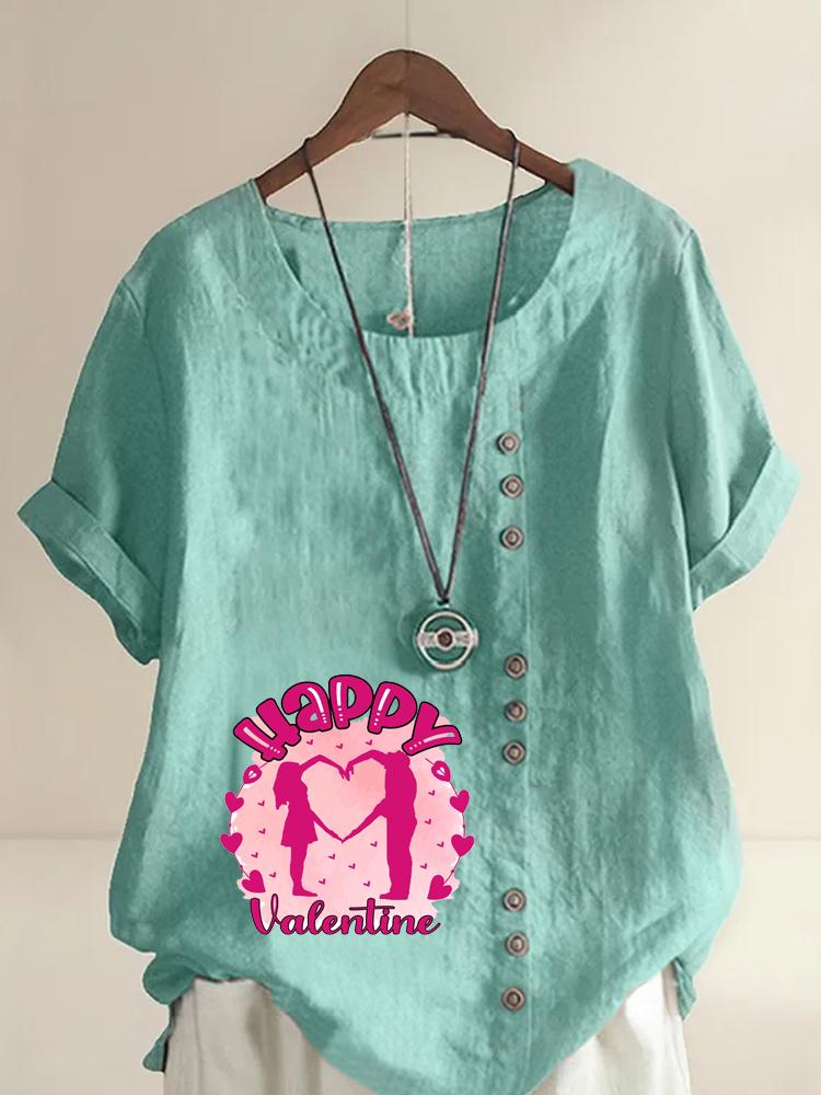 Women's Fashion Love Letter Print Casual Cotton Linen Short Sleeve Round Neck T-shirt Shirt Leisure Loose Summer Blouse Tops