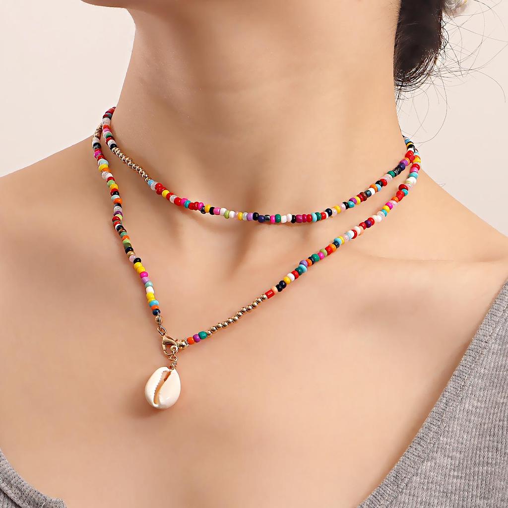 Bohemian Double-Layer Colored Rice Beads Shell Necklace - European & American Beach Style