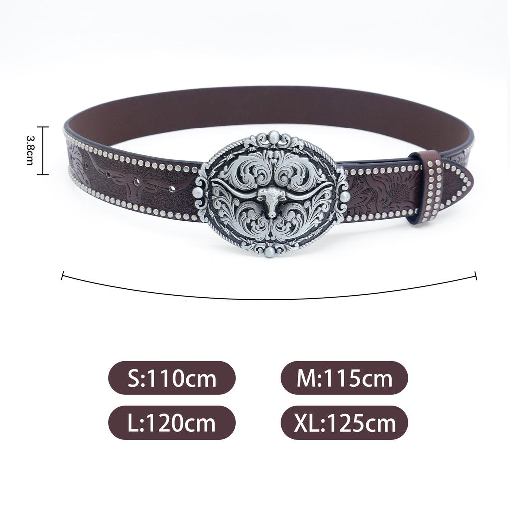 Ремень из джинсовой ткани Western с резной головой быка и винтажными бусинами по краям для мужчин в стиле панк, хип-хоп, искусственная кожа
