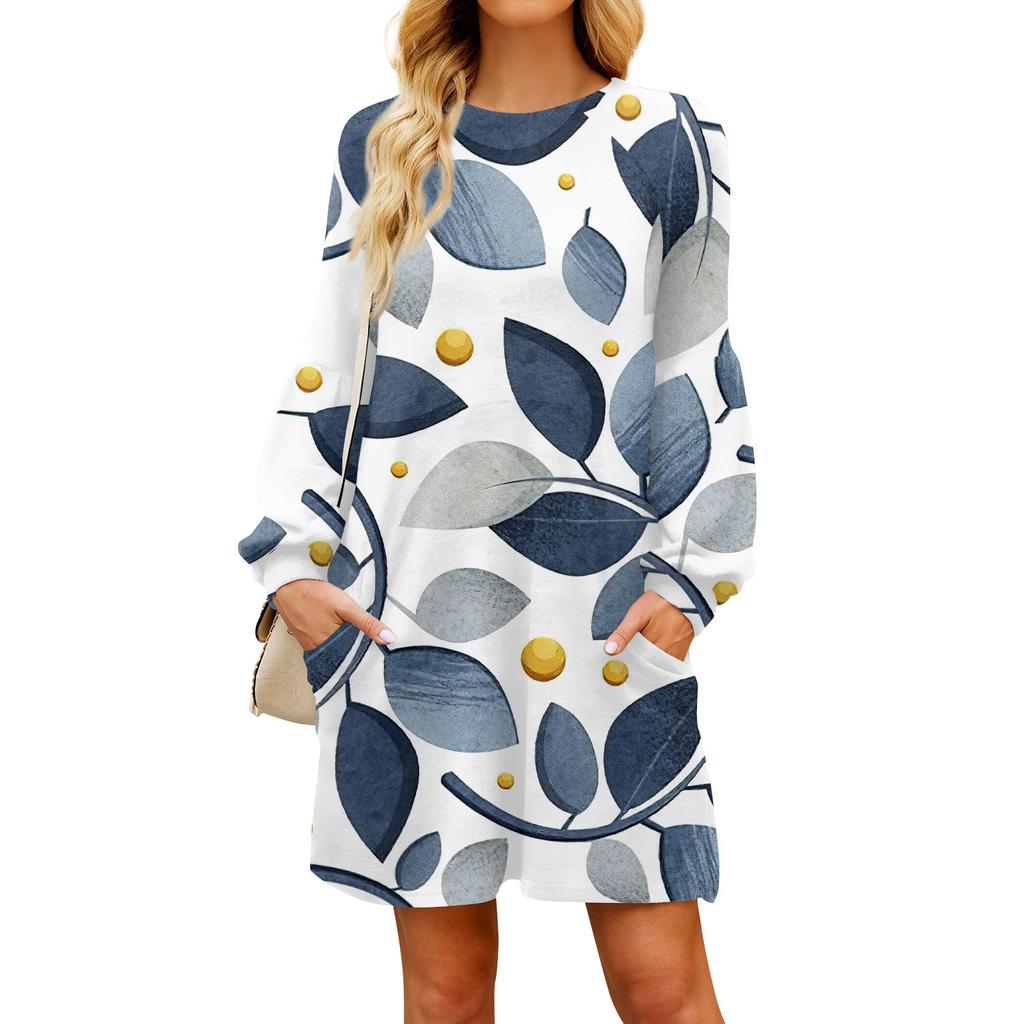 Модное женское осеннее повседневное свободное платье с длинным рукавом и цветочным принтом