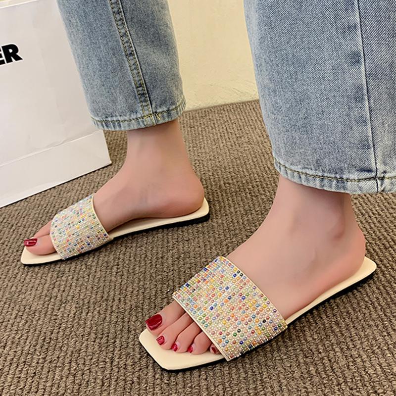 Rimocy модные женские летние шлепанцы с квадратным носком и жемчугом, сандалии на плоской подошве, женские уличные пляжные шлепанцы, повседневная обувь, большие размеры