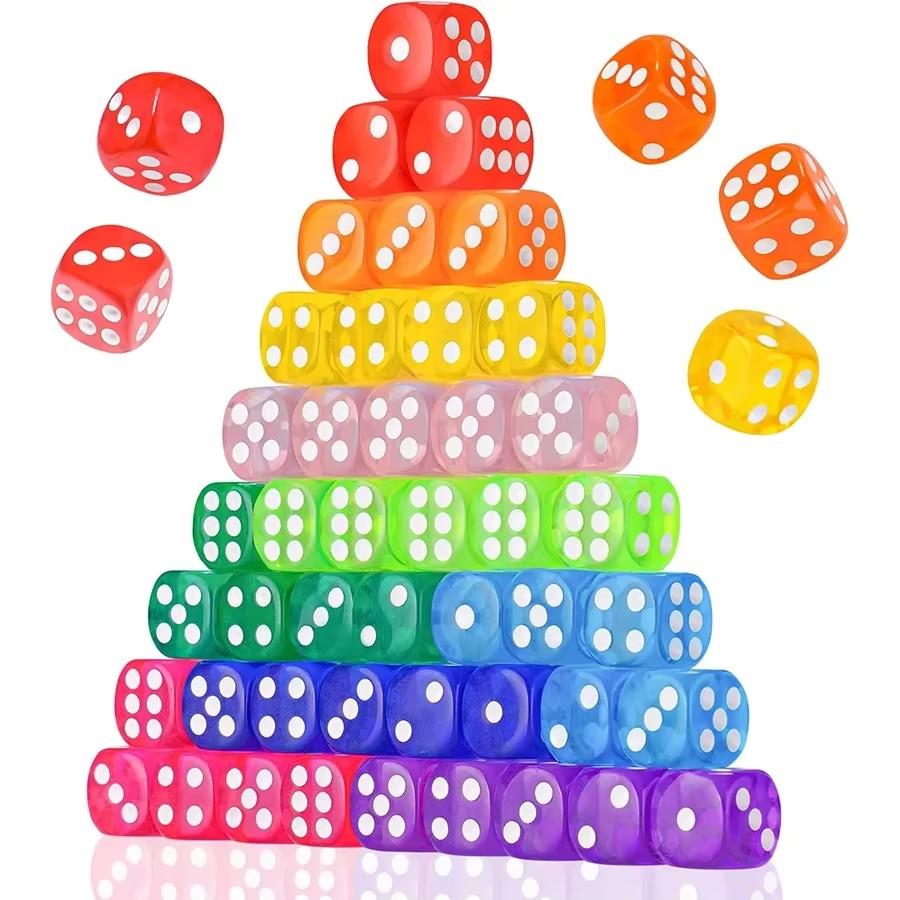 14Mm 12/20/30/40/50Pcs Acrylic Colored Transparent Dice Game Bulk Dices 6 Sided Dice For Classroom Teaching Board Game Playing