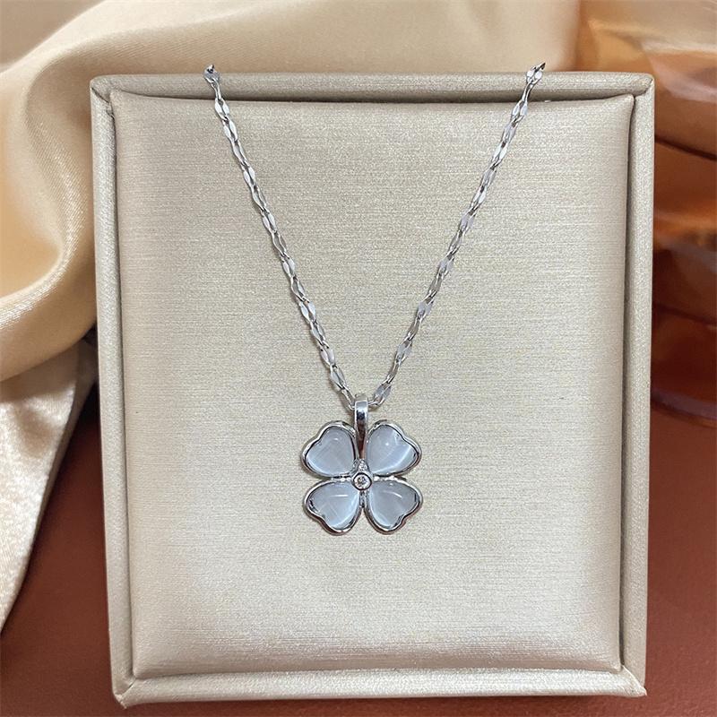 Ожерелье Lucky Clover для женщин, позолоченная цепочка с лепестками кошачьего глаза и костяным замком