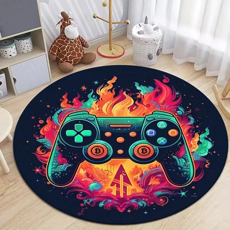 Game Controller Round Area Rug Cartoon Gamer Carpet Rug for Living Room Children's Bedroom Sofa Decor Non-slip Floor Mat