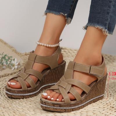 Женские летние новые сандалии-клинья на липучке с открытым носком большого размера, женские модные сандалии на платформе со стразами